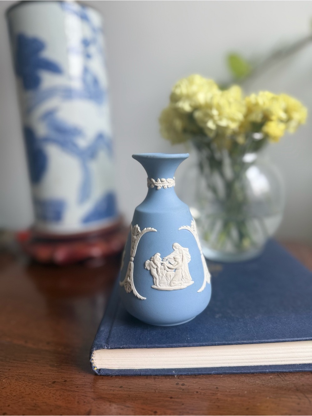 Matte Blue Decorative Bud Vase with White Relief Accents